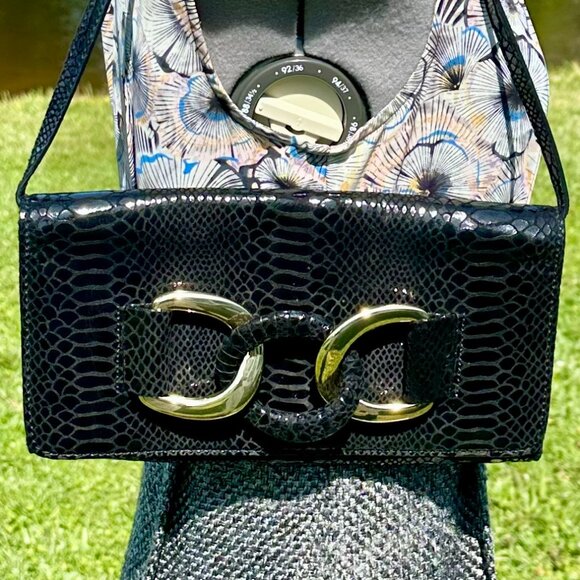 MICHAEL Michael Kors Snakeskin Leather Gold Chain Evening Bag Clutch Black EUC - Picture 2 of 16